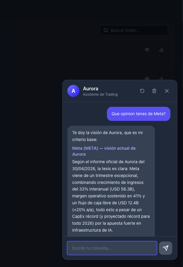 Asistente Aurora respondiendo una consulta sobre Meta con la visión oficial de la casa