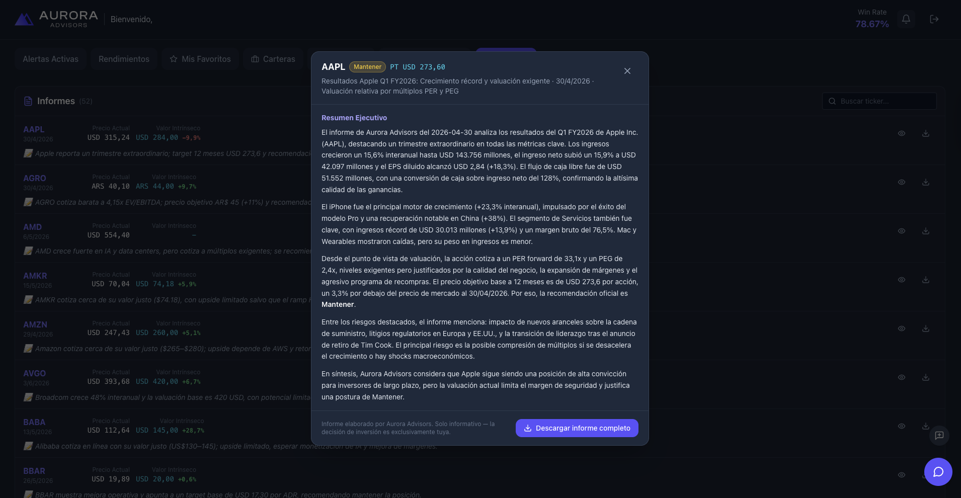 Sección de informes con más de 50 reportes fundamentales descargables por activo