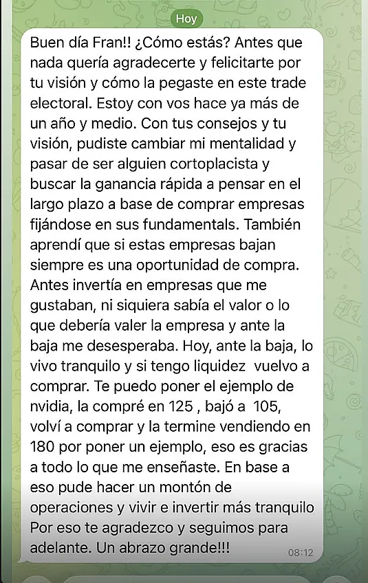 Testimonio de cliente en WhatsApp o Telegram