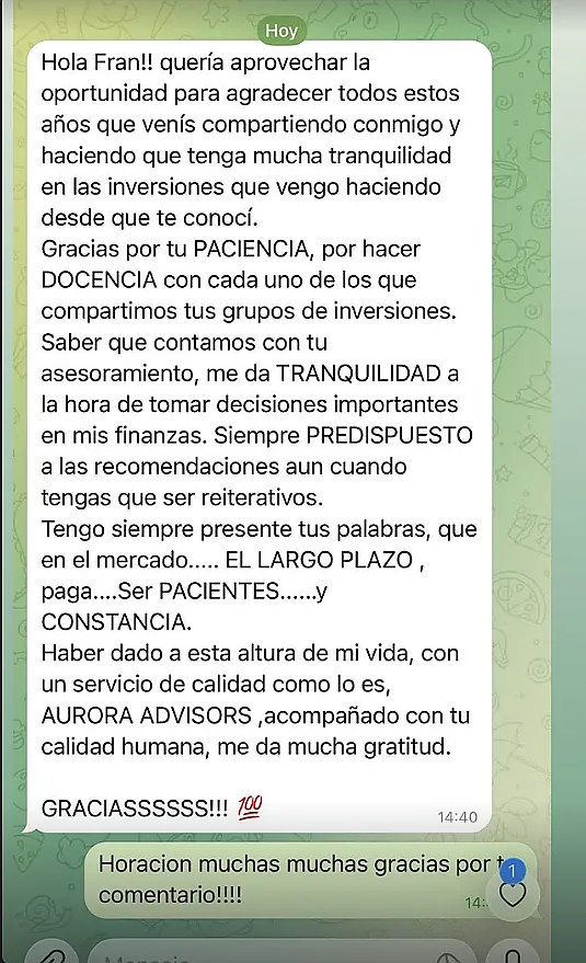 Testimonio de cliente en WhatsApp o Telegram