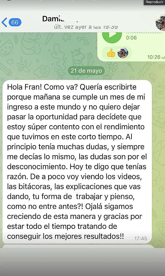 Testimonio de cliente en WhatsApp o Telegram