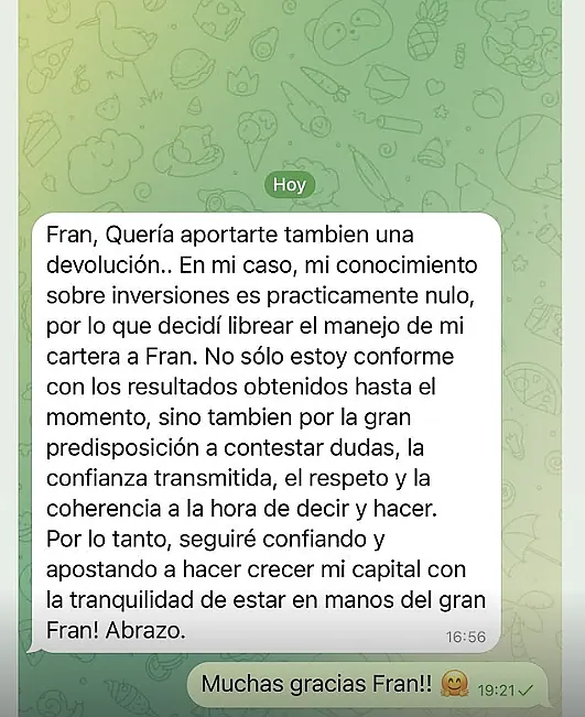 Testimonio de cliente en WhatsApp o Telegram