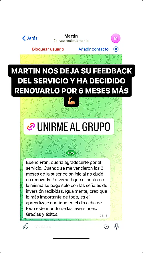 Testimonio de cliente en WhatsApp o Telegram