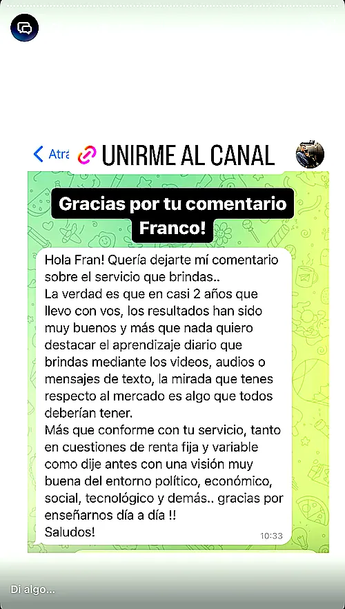 Testimonio de cliente en WhatsApp o Telegram
