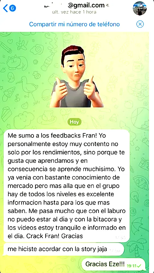 Testimonio de cliente en WhatsApp o Telegram