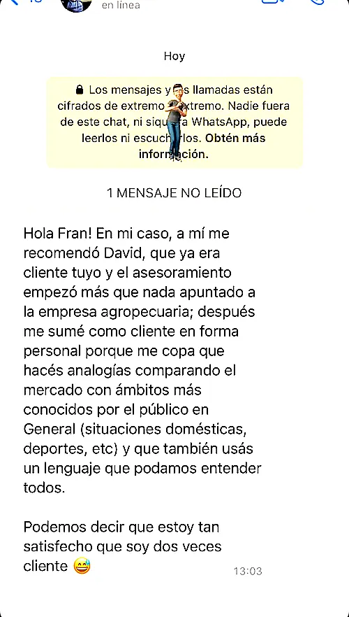 Testimonio de cliente en WhatsApp o Telegram