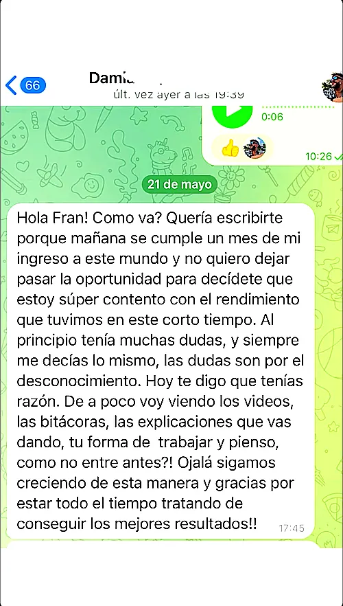 Testimonio de cliente en WhatsApp o Telegram