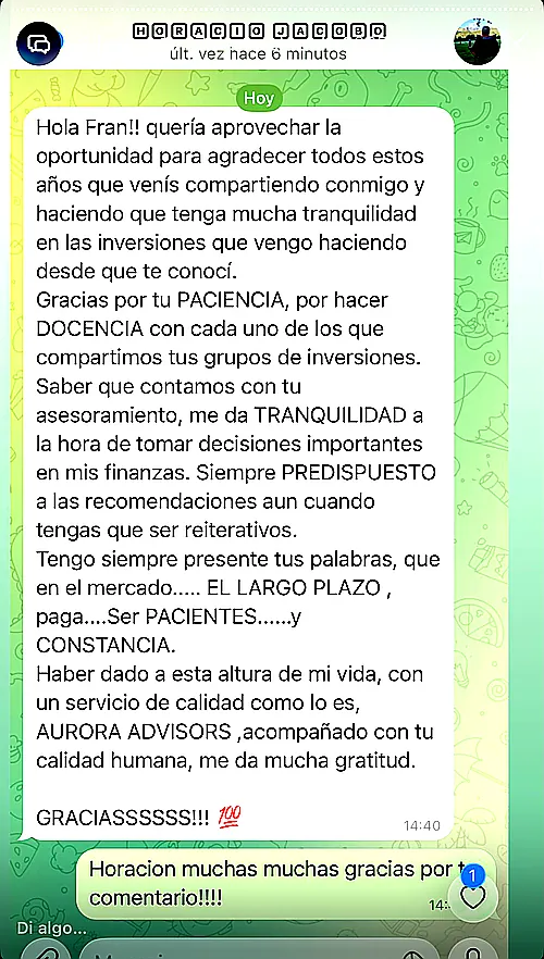 Testimonio de cliente en WhatsApp o Telegram